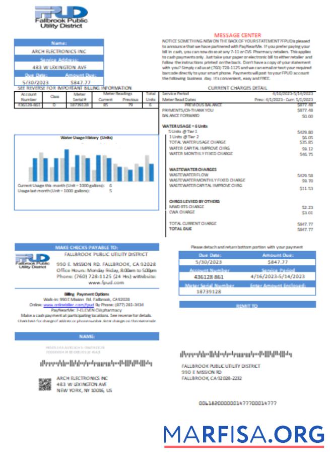 Blank Fallbrook Public Utility District utility business bill, SCR example